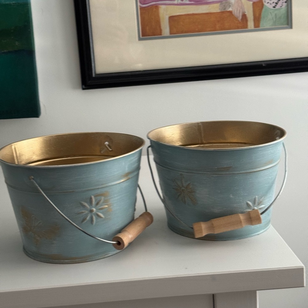 Blue Metal Buckets with Gold Accents and Gold Inside Decorative Use - Picture 5 of 8